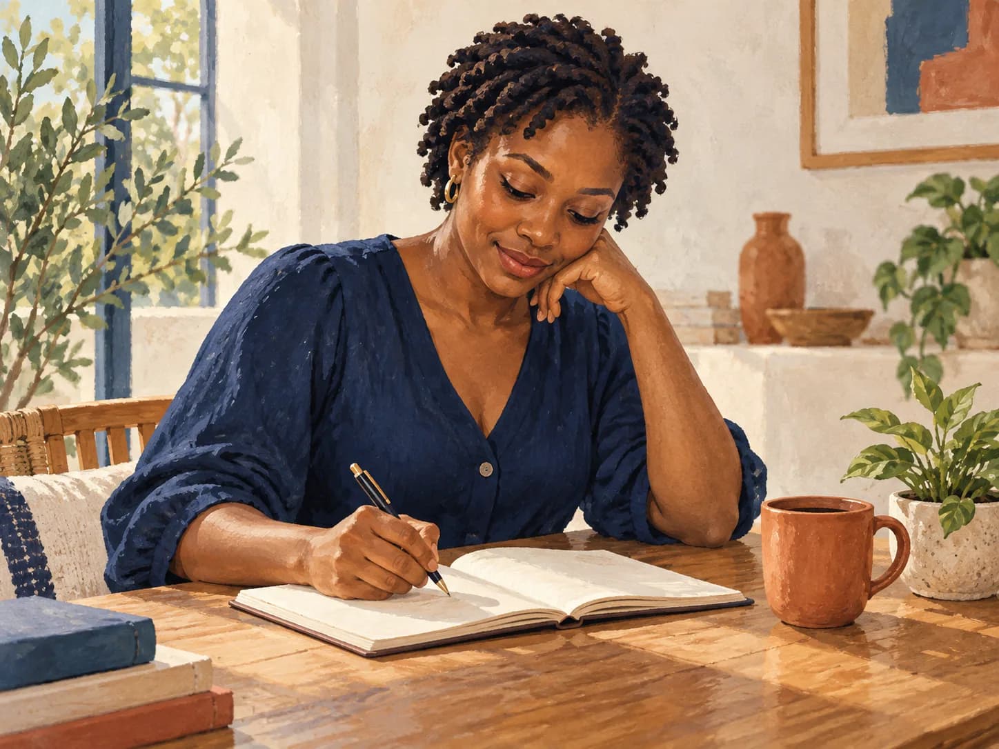 A woman writing in a notebook at a desk with a cup beside her